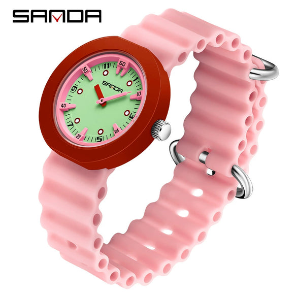 Wholesale Children's Student Watch Alloy Alloy Case Stainless Steel Buckle Silicone Strap Round Colorblocking Threedimensional Dial Waterproof Quartz Watch