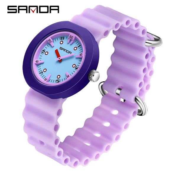 Wholesale Children's Student Watch Alloy Alloy Case Stainless Steel Buckle Silicone Strap Round Colorblocking Threedimensional Dial Waterproof Quartz Watch