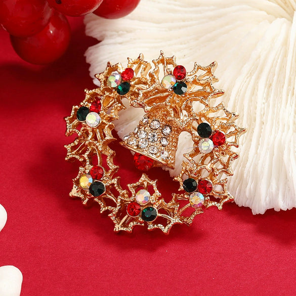 Wholesale Christmas Bell Alloy Rhinestone Encrusted Retro Brooch For Women