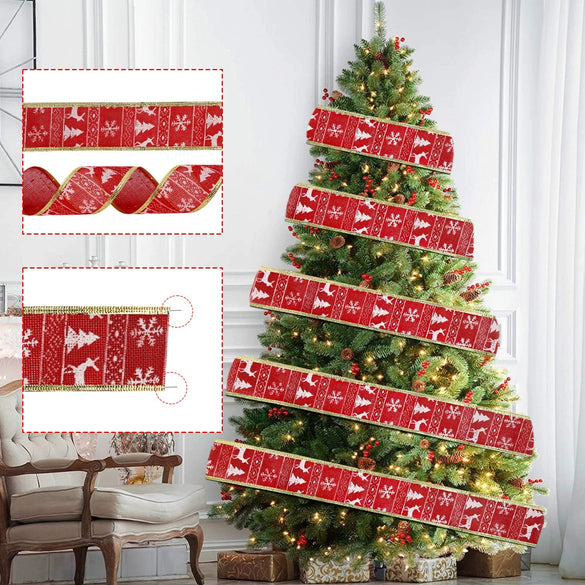 Wholesale Christmas Decorations Cloth Imitation Hemp Ribbon With Christmas Tree Fawn Pattern Mechanical Process