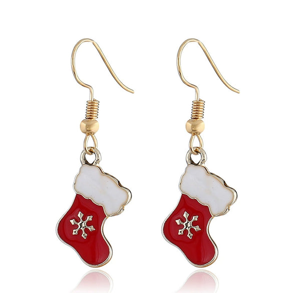 Wholesale Christmas Earrings Alloy Dripping Oil Snowflake Christmas Socks Design