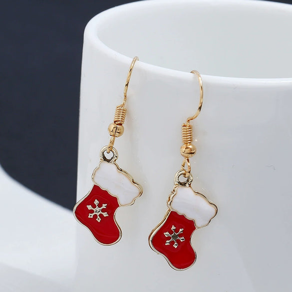 Wholesale Christmas Earrings Alloy Dripping Oil Snowflake Christmas Socks Design