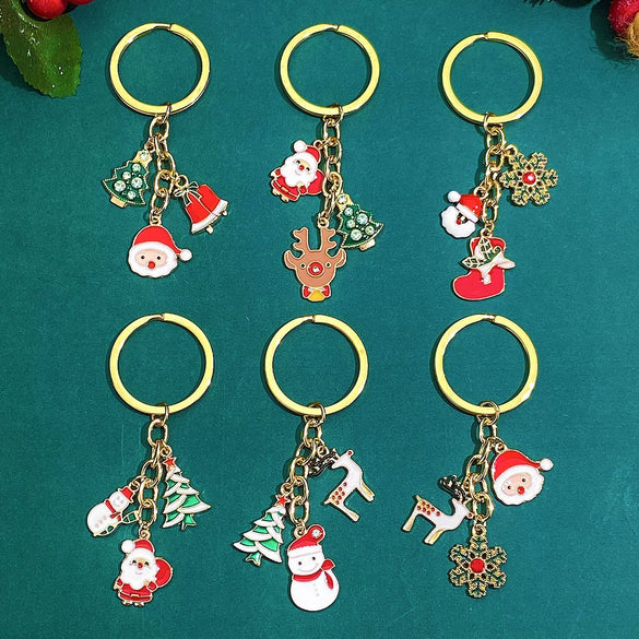 Wholesale Christmas Keychain Key Ring Zinc Alloy Santa Claus Christmas Tree Elk Snowflake Ornament Pendant Electroplated