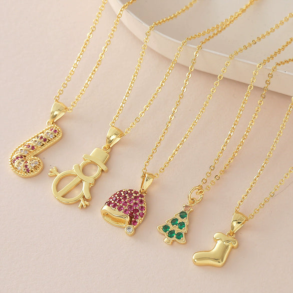 Wholesale Christmas Series Copper 18K Goldplated Pendant Necklace With Christmas Tree Snowman Socks Hat Scepter Light Luxury Style O Word Chain Unisex