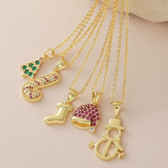 Wholesale Christmas Series Copper 18K Goldplated Pendant Necklace With Christmas Tree Snowman Socks Hat Scepter Light Luxury Style O Word Chain Unisex