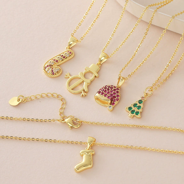Wholesale Christmas Series Copper 18K Goldplated Pendant Necklace With Christmas Tree Snowman Socks Hat Scepter Light Luxury Style O Word Chain Unisex