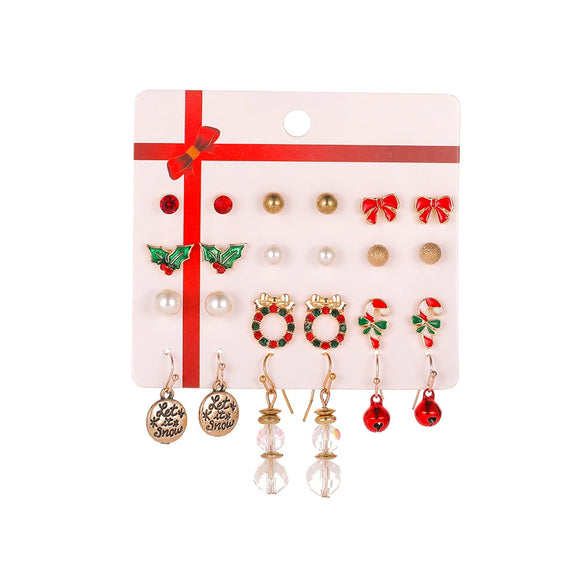 Wholesale Christmas Suit Earrings For Women Alloy Santa Claus Bell Christmas Tree Oil Dropping Electroplated 12 Piece Set Card Earrings