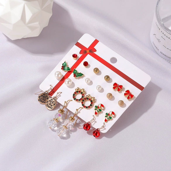 Wholesale Christmas Suit Earrings For Women Alloy Santa Claus Bell Christmas Tree Oil Dropping Electroplated 12 Piece Set Card Earrings