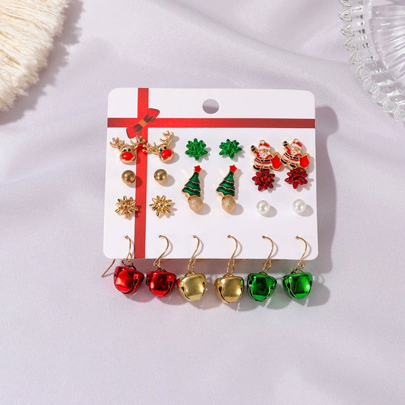 Wholesale Christmas Suit Earrings For Women Alloy Santa Claus Bell Christmas Tree Oil Dropping Electroplated 12 Piece Set Card Earrings