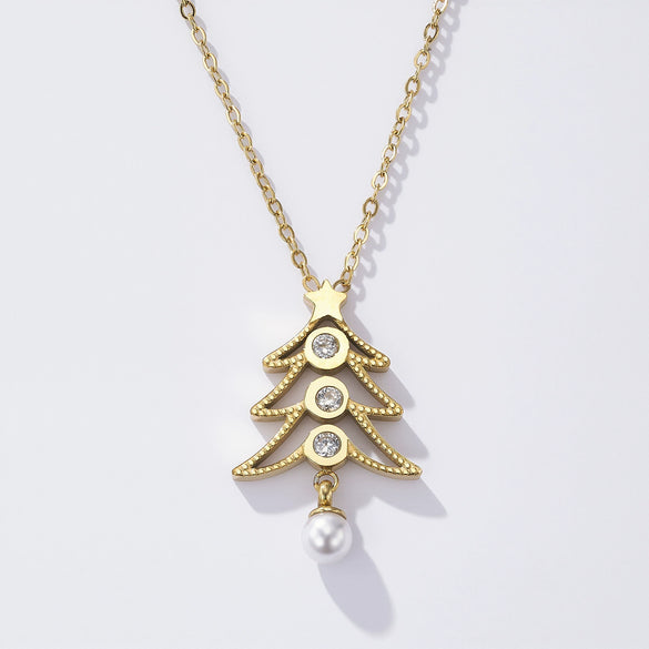 Wholesale Christmas Themed Geometric Diamond Pearl Necklace For Women With Vacuum Plating In Furnace