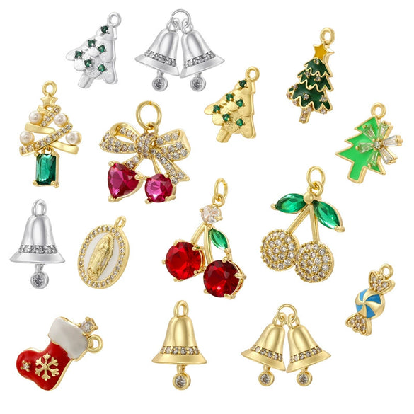 Wholesale Christmas Tree Pendant And Stockings Jewelry Copper With Fruit And Bow Tie Pattern And Zirconia Design