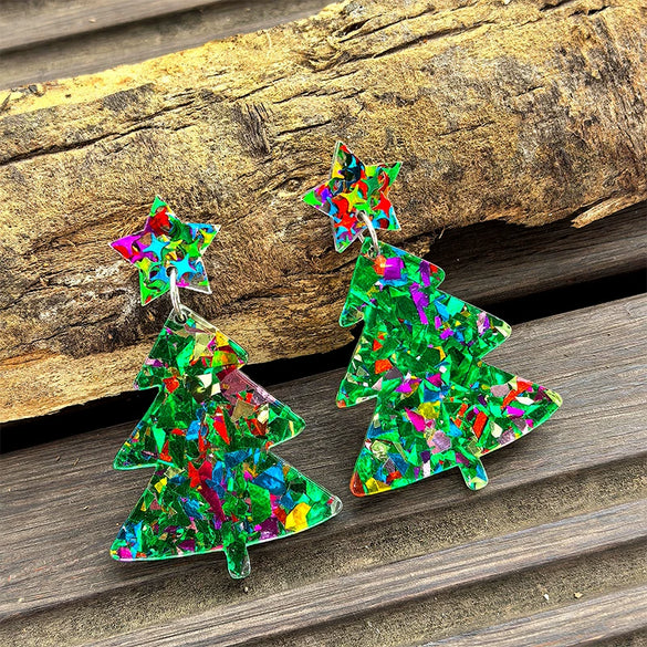 Wholesale Christmas Tree Pendant Earrings Printed Acrylic Geometric Fivepointed Star Earrings For Women