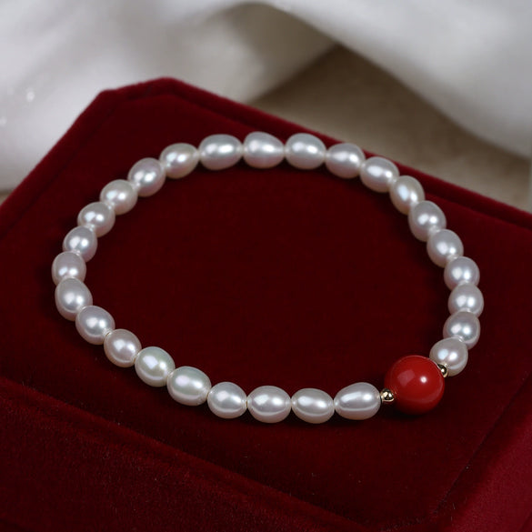 Wholesale Cinnabar And Freshwater Pearl Bracelet With Special Shape And Copper Accessories