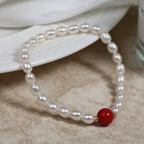 Wholesale Cinnabar And Freshwater Pearl Bracelet With Special Shape And Copper Accessories