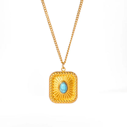 Wholesale Classic Style Round Stainless Steel Plating Inlay 18k Gold Plated Turquoise Necklace