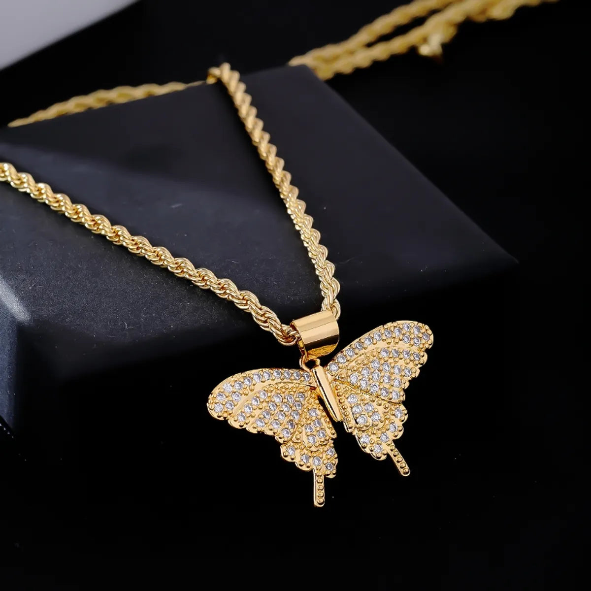 Wholesale Classic Style Streetwear Butterfly Stainless Steel Titanium Steel Plating Inlay Gold Plated Rhinestones Pendant Necklace