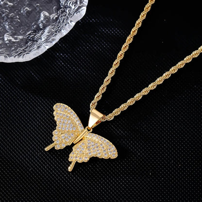 Wholesale Classic Style Streetwear Butterfly Stainless Steel Titanium Steel Plating Inlay Gold Plated Rhinestones Pendant Necklace