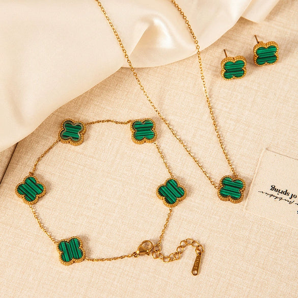 Wholesale Classy Hand Jewelry Set With Four Leaf Clover Acrylic Earrings Necklaces And Shell Bracelets In Stainless Steel And Titanium Steel With Electroplating Process