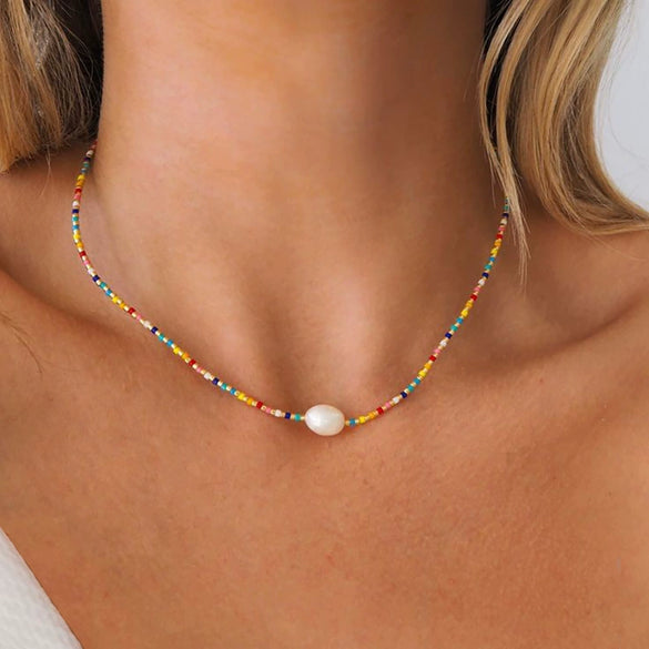 Wholesale Clavicle Chain And Choker Necklace Natural Pearl Organic Glass Ball Chain Handwoven Geometric Style