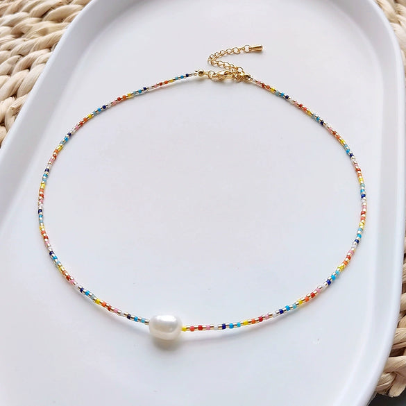 Wholesale Clavicle Chain And Choker Necklace Natural Pearl Organic Glass Ball Chain Handwoven Geometric Style