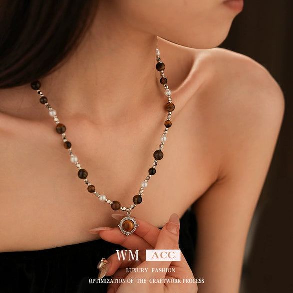 Wholesale Clavicle Chain Artificial Tiger Eye Stone And Pearl Geometric Style Electroplated Necklace