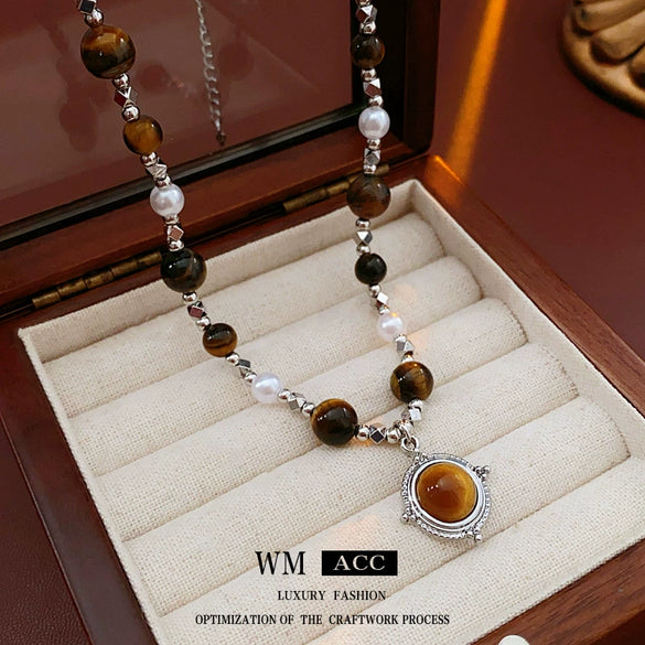 Wholesale Clavicle Chain Artificial Tiger Eye Stone And Pearl Geometric Style Electroplated Necklace