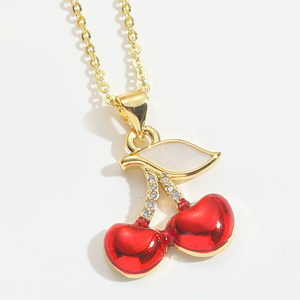 Wholesale Clavicle Chain Copper Mixed Gemstone Setting Sweet Retro Cherry Shape Electroplating Design For Women