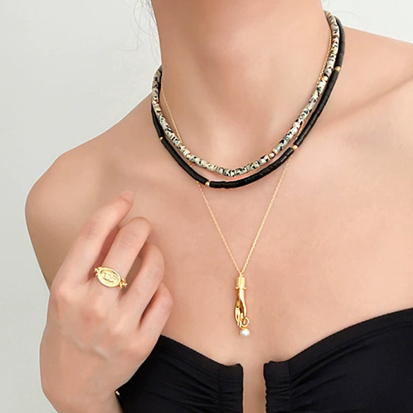 Wholesale Clavicle Chain Handmade With Semiprecious Natural Colored Stones Geometric Style Titanium Steel Pendant Electroplated