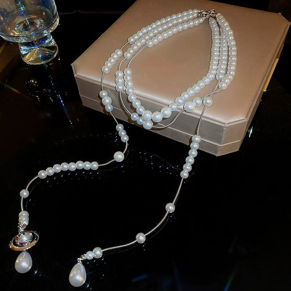 Wholesale Clavicle Chain Multilayer Tassel Necklace Alloy Imitation Pearl Water Drop Shape Handmade French Retro Style For Women