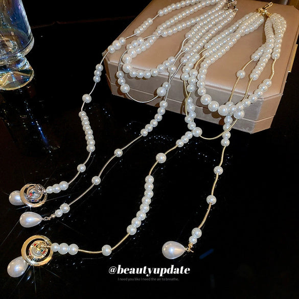 Wholesale Clavicle Chain Multilayer Tassel Necklace Alloy Imitation Pearl Water Drop Shape Handmade French Retro Style For Women