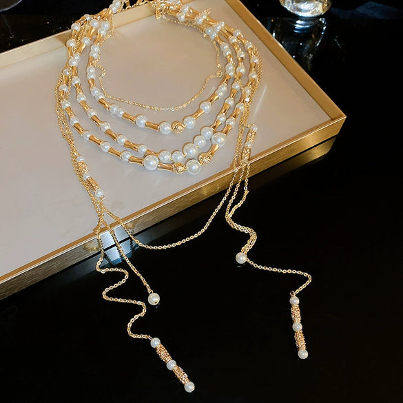 Wholesale Clavicle Chain Multilayer Tassel Necklace Alloy Imitation Pearl Water Drop Shape Handmade French Retro Style For Women