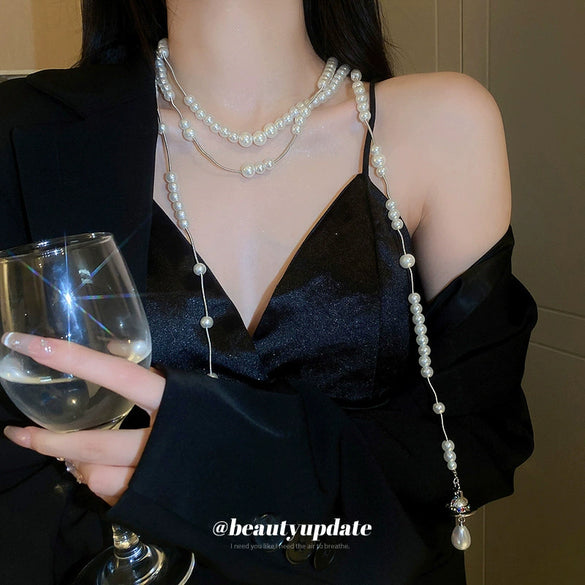 Wholesale Clavicle Chain Multilayer Tassel Necklace Alloy Imitation Pearl Water Drop Shape Handmade French Retro Style For Women