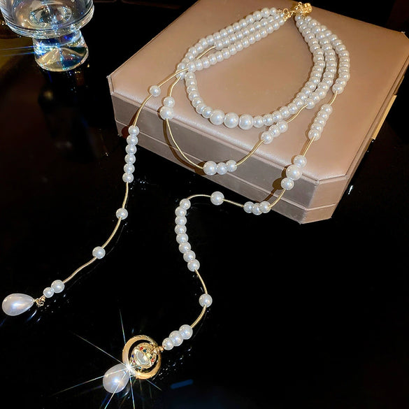 Wholesale Clavicle Chain Multilayer Tassel Necklace Alloy Imitation Pearl Water Drop Shape Handmade French Retro Style For Women