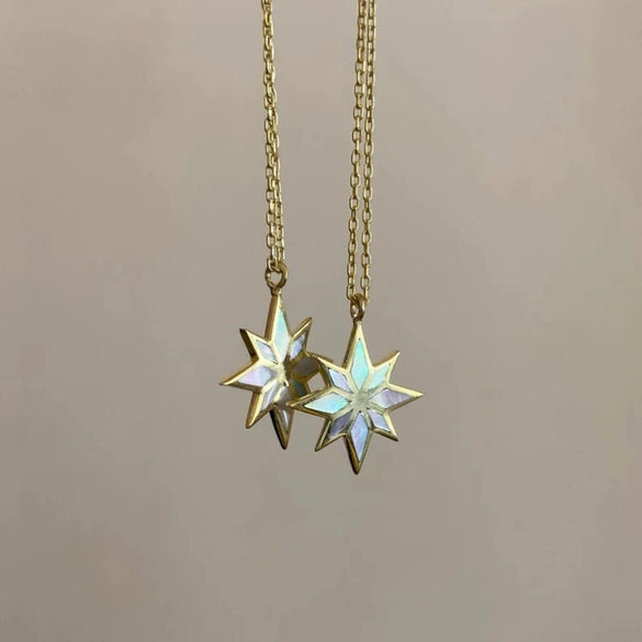 Wholesale Clavicle Chain Natural Abalone Shell Patch Titanium Steel Vacuum Furnace Plated 18K Gold Sixpointed Star Retro Geometric Style
