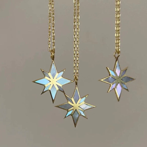 Wholesale Clavicle Chain Natural Abalone Shell Patch Titanium Steel Vacuum Furnace Plated 18K Gold Sixpointed Star Retro Geometric Style