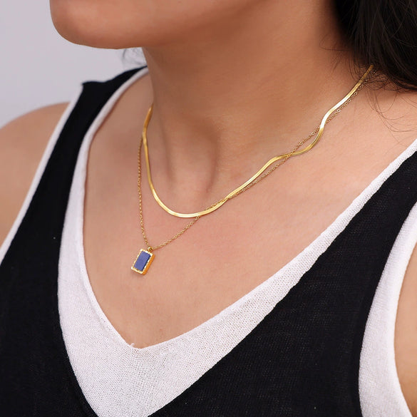 Wholesale Clavicle Chain Natural Blue Lapis Lazuli Geometric Square 316L Stainless Steel 18K Gold Plated Necklace For Women