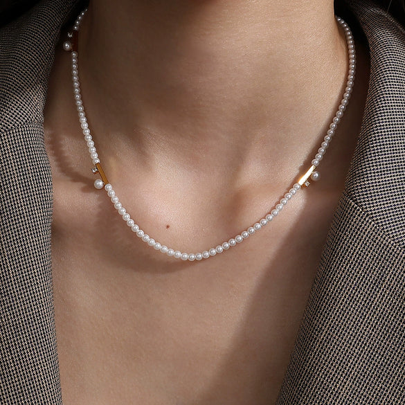 Wholesale Clavicle Chain Necklace 316L Stainless Steel Imitation Pearl Retro Simple Zircon Electroplated For Women