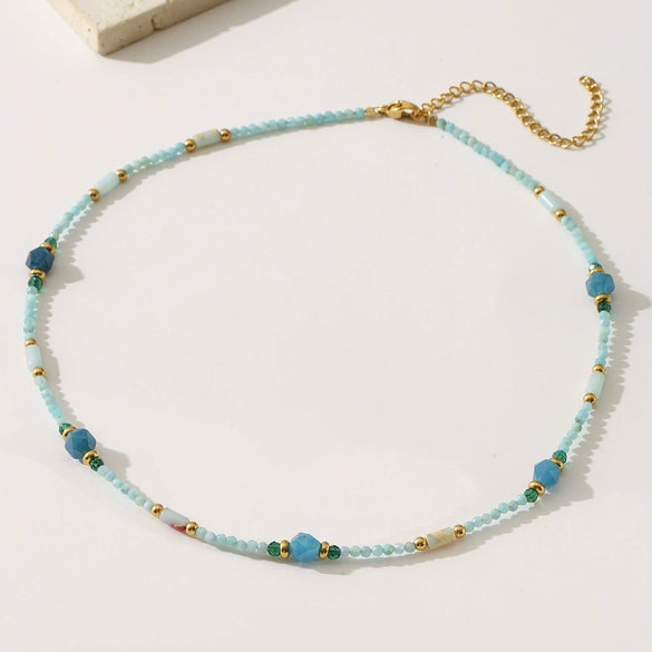 Wholesale Clavicle Chain Necklace With Blue Natural Stone Beads Geometric Style Electroplated For Women