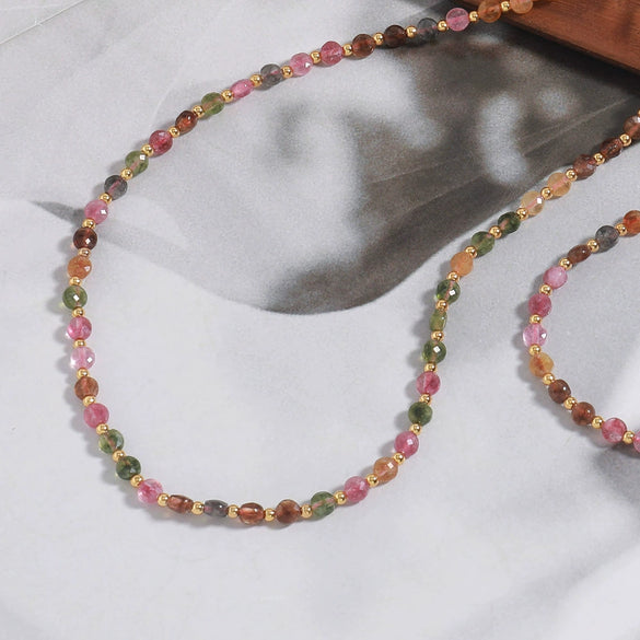 Wholesale Clavicle Chain Set Natural Tourmaline And Stainless Steel Geometric Electroplated Hand Beaded For Women