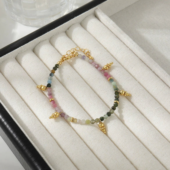 Wholesale Clavicle Chain Set Natural Tourmaline And Stainless Steel Geometric Electroplated Hand Beaded For Women