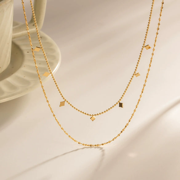 Wholesale Clavicle Chain Stainless Steel Double Layer Overlapped Diamond Sequin Tassel Necklace With Geometric Design And Electroplating