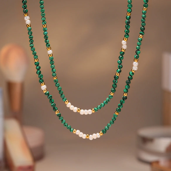 Wholesale Clavicle Necklace Handmade Beaded Malachite Natural Freshwater Pearl 316L Stainless Steel Geometric Electroplating Women's Accessories