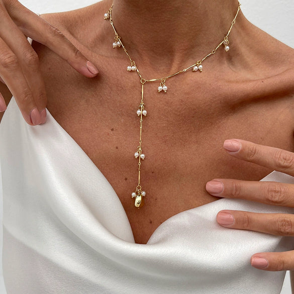 Wholesale Clavicle Necklace Imitation Pearl Copper Chain Geometric Style Electroplating For Women