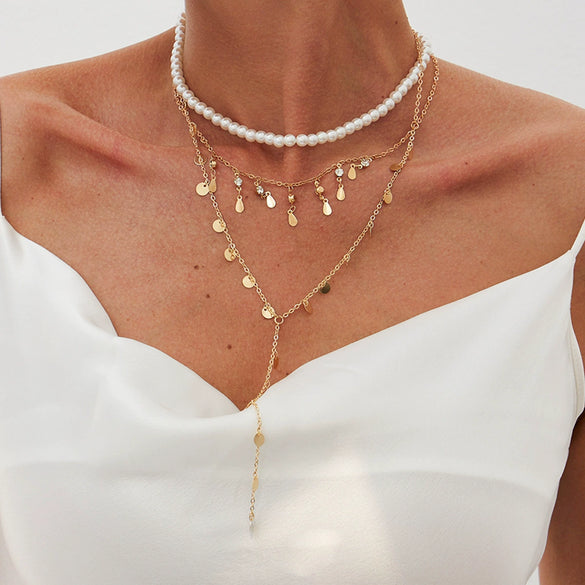 Wholesale Clavicle Necklace Imitation Pearl Copperclad Iron Chain Rhinestone Geometric Electroplated For Women