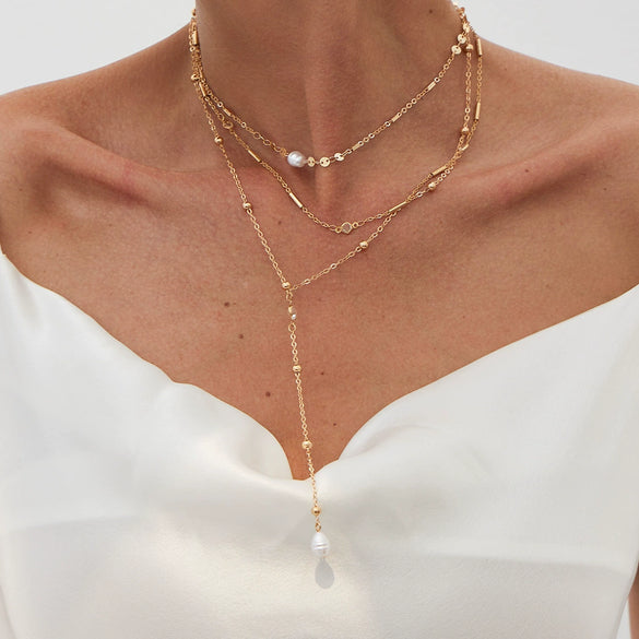 Wholesale Clavicle Necklace Imitation Pearl Copperclad Iron Geometric Electroplated