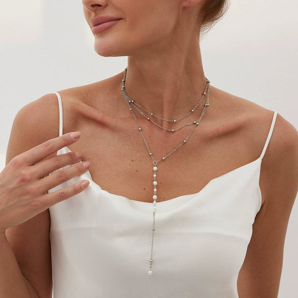 Wholesale Clavicle Necklace Imitation Pearl Copperclad Iron Geometric Electroplated