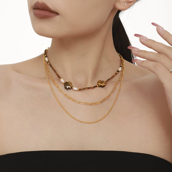 Wholesale Clavicle Necklace Jewelry With Geometric Pattern French Tiger Eye And Freshwater Pearl Light Luxury Style