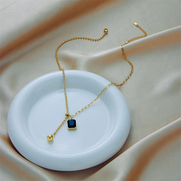 Wholesale Clavicle Necklace Stainless Steel Geometric Black Square Diamond Round Beads Asymmetrical Pullout Adjustable Ball Chain Electroplated For Women