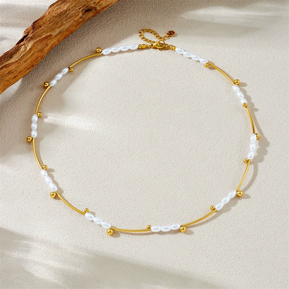 Wholesale Clavicle Necklace Stainless Steel Goldplated Pearl Oval Geometric Retro Light Luxury Style For Women