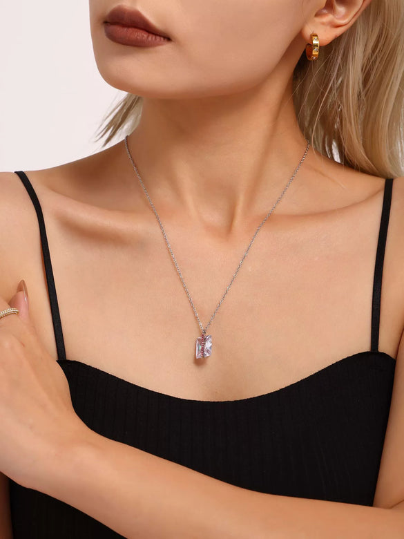 Wholesale Clavicle Necklace Stainless Steel Pvd Electroplated 18K Gold With Square Zircon In Geometric Style For Women